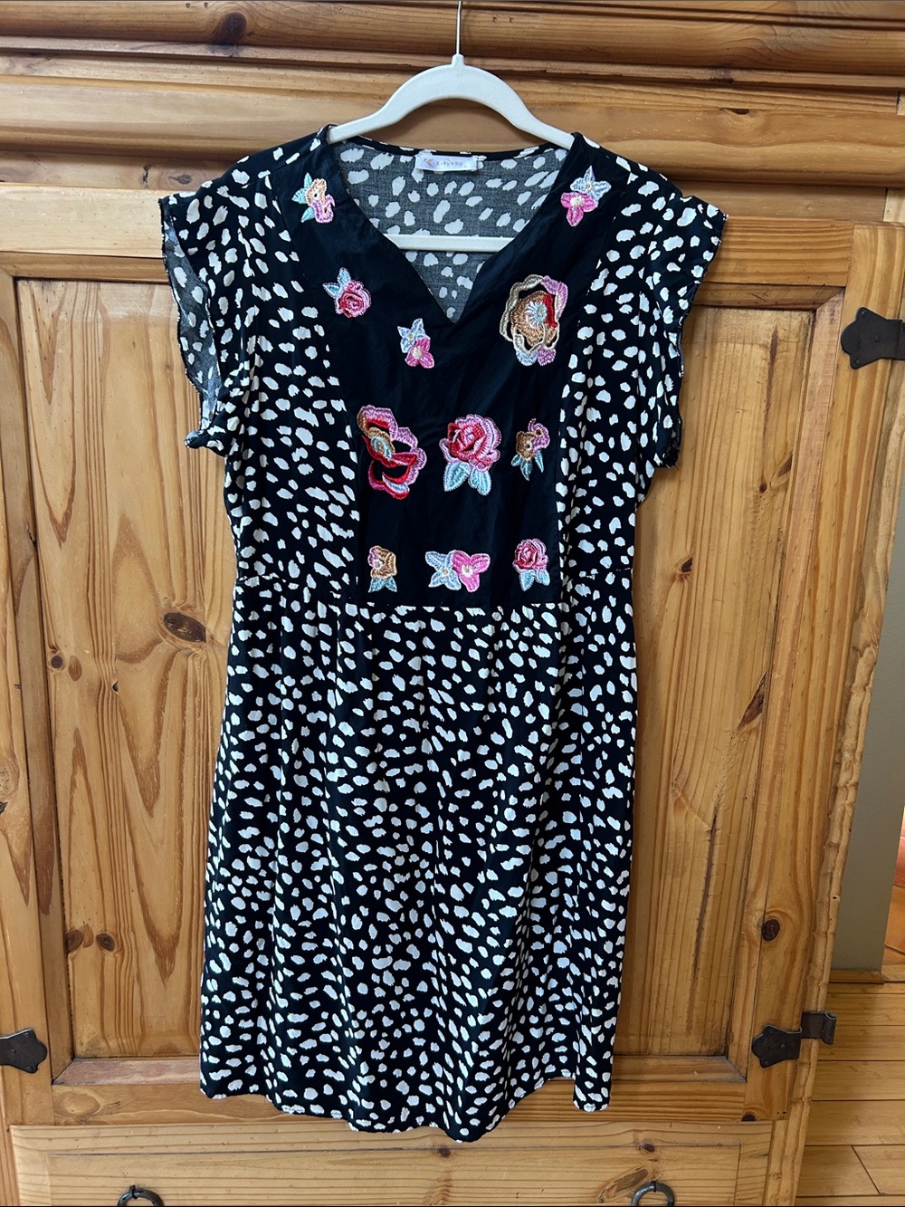 Kirundo Dress Black/White Spot with Embroidered Floral Accents 100% Viscose Midi